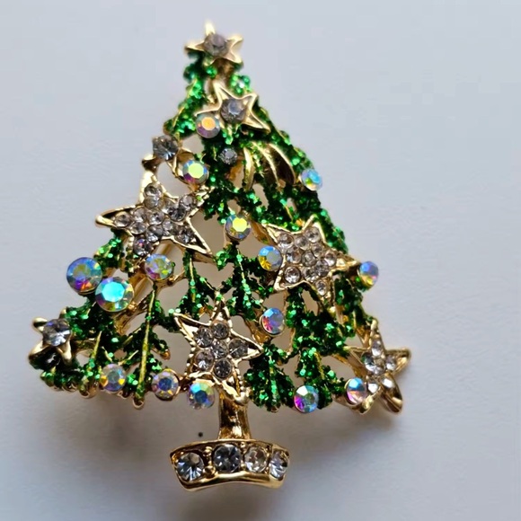 Christmas Tree Star Green Gold Crystal Brooch - Picture 3 of 3